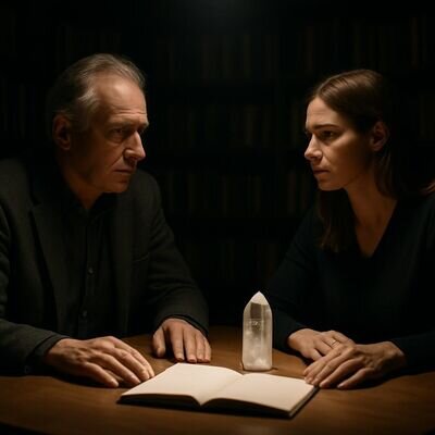 Zwei Menschen in einer ruhigen Beratungsszene, neutral und respektvoll, mit einem dezenten Symbol fuer Intuition und Klarheit.