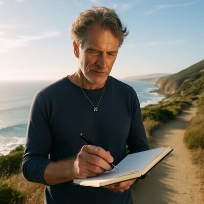 Eine Person steht draussen in weiter Natur und schreibt in ein Notizbuch, Symbol fuer Ausdruck, Wachstum und Klarheit.