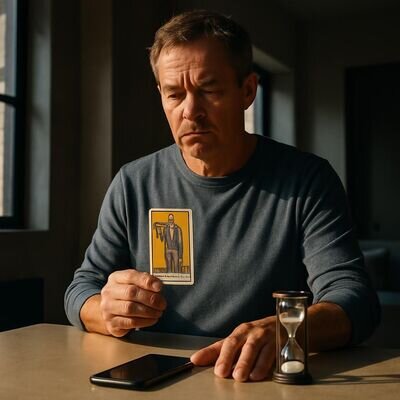 Eine Person h&auml;lt eine einzelne Karte in der Hand, Smartphone liegt beiseite &ndash; Fokus auf innere Ruhe vor Kontaktaufnahme.