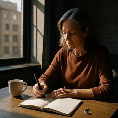 Eine Person sitzt morgens am Fenster und schreibt einen Traum in ein Notizbuch, ruhige positive Stimmung.