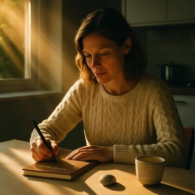 Eine Person sitzt morgens in einer hellen K&uuml;che und schreibt ruhig in ein Traumtagebuch, warme, optimistische Stimmung.