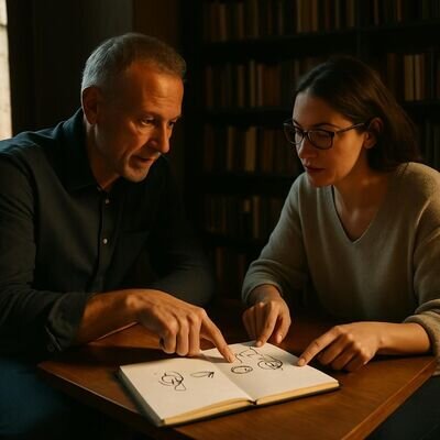 Zwei Menschen pr&uuml;fen Optionen und Rahmenbedingungen in einer ruhigen, wertsch&auml;tzenden Gespr&auml;chsszene.