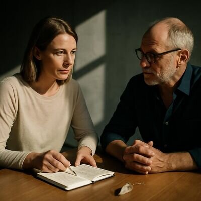 Zwei Menschen in einem hellen Raum, die aufmerksam miteinander sprechen und Notizen betrachten.