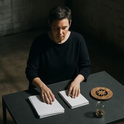 Eine Person ordnet Unterlagen, daneben ein kleines Sternzeichen-Objekt &ndash; steht f&uuml;r Struktur und innere Ruhe.