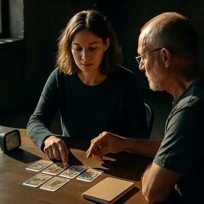 Eine Beratungsszene, in der ein Kartenbild als Orientierung f&uuml;r Zeitkorridore gedeutet wird.