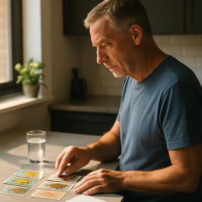 Eine Person blickt nachdenklich auf Karten und ein Glas Wasser, als wuerde sie Erkenntnisse sortieren.