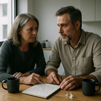Paar im ruhigen Innenraum im Gespr&auml;ch, als Symbol f&uuml;r &Uuml;bersetzung zwischen Elementen in Beziehungen.