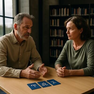 Zwei Erwachsene im ruhigen Gespr&auml;ch, nachdenklich und zugewandt, mit einem dezenten Sternzeichen-Symbol als Requisite.