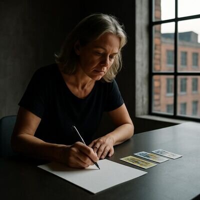 Eine Person notiert eine klare Frage, w&auml;hrend Karten als Symbol f&uuml;r Orientierung sichtbar sind.