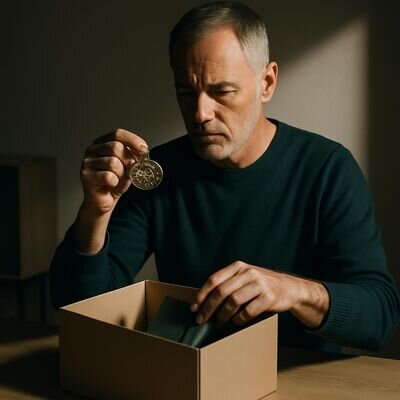 Eine Person ordnet Erinnerungsst&uuml;cke in eine Kiste und wirkt dabei ruhig und entschlossen.