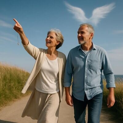 Zwei Menschen in einer weiten, hellen Naturlandschaft, ein symbolischer Hinweis auf Schutz und Orientierung.