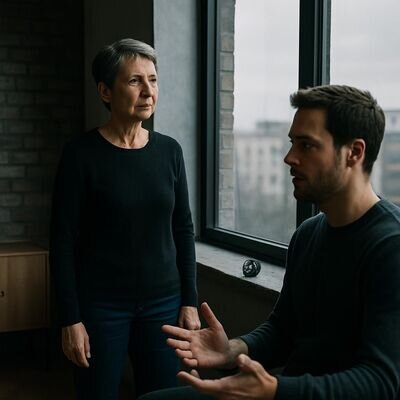 Eine Person schaut nachdenklich aus dem Fenster, im Vordergrund eine zweite Person im Gespraechssetting &ndash; Symbol fuer Einordnung statt Urteil.