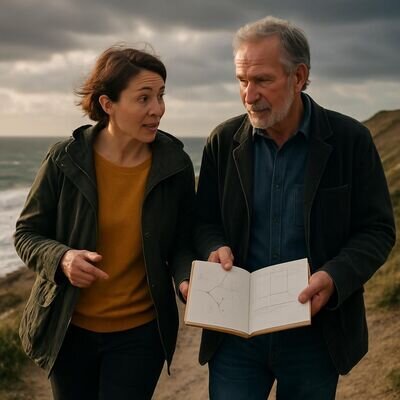 Zwei Personen besprechen ruhig ihre Quartalsausrichtung mit Notizbuch und Sternenkarte.