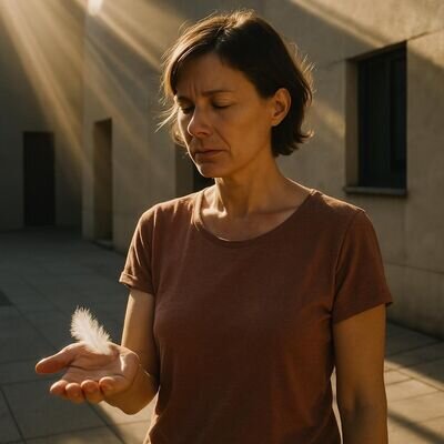 Eine Person h&auml;lt inne und betrachtet eine kleine Feder in der Hand, warmes Licht und ruhige Stimmung.