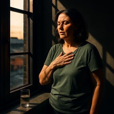 Eine Person nimmt sich am Fenster bewusst einen Moment zum Durchatmen und findet wieder Ruhe.