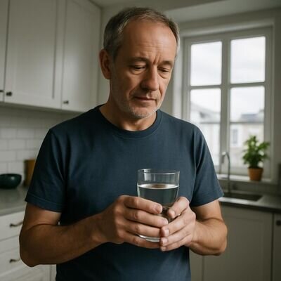 Eine Person haelt ein Glas Wasser in beiden Haenden, kuehle Klarheit, sanftes Ritual im Alltag.