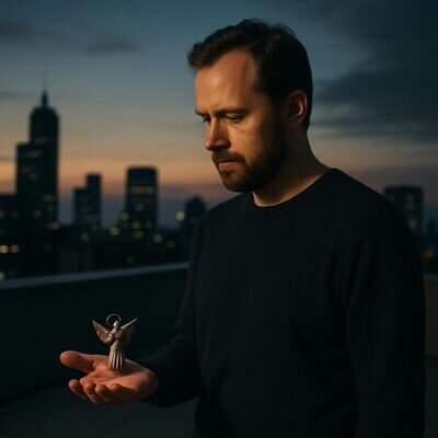 Eine Person in urbanem Umfeld haelt inne und reflektiert, symbolisiert durch Licht und ein kleines Engelsobjekt.