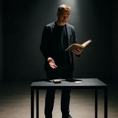 Person reflektiert zwischen intuitiver Beratung und Karten, symbolisiert Wahl und Orientierung.