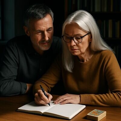 Eine Person schreibt Gedanken in ein Notizbuch, w&auml;hrend der Partner aufmerksam zuh&ouml;rt &ndash; als Symbol f&uuml;r klare Schritte.