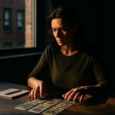 Eine Person betrachtet Karten ruhig und konzentriert, als Symbol fuer realistische Erwartungen und Reflexion.
