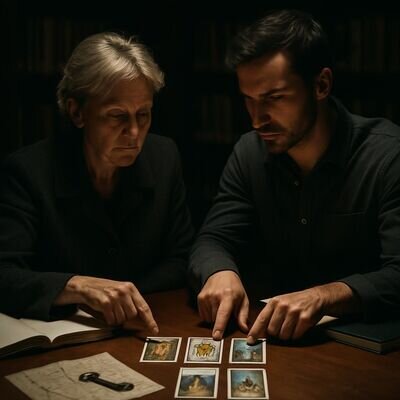 Zwei Personen besprechen ruhig eine berufliche Entscheidung mit Karten und Notizen, ohne esoterischen Kitsch.