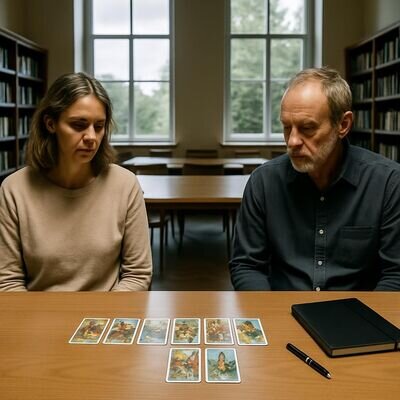 Zwei Personen sitzen in einem hellen Raum mit Abstand, zwischen ihnen liegen Karten &ndash; Symbol f&uuml;r Ambivalenz und Grenzen.