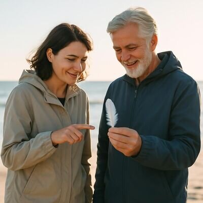 Zwei Personen entdecken gemeinsam eine Feder im Sand, helle freundliche K&uuml;stenstimmung.