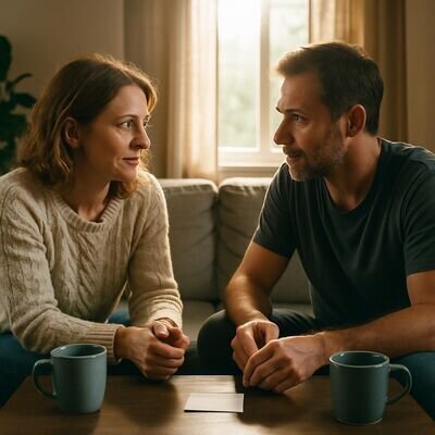 Ein Paar im Wohnzimmer, entspannte Koerperhaltung nach Spannung, ein kurzer Moment von Reparatur und Respekt.