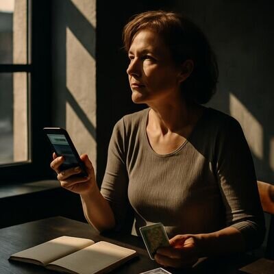 Eine Person h&auml;lt ein Smartphone in der Hand und schreibt nachdenklich in einem hellen, ruhigen Innenraum.