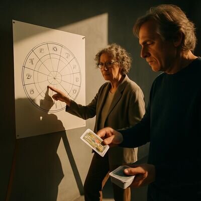 Eine Person zeigt auf eine astrologische Grafik, w&auml;hrend die andere eine Karte zieht &ndash; als Bild f&uuml;r das Zusammenf&uuml;hren beider Perspektiven.