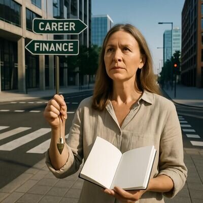 Eine Person betrachtet zwei moegliche berufliche Richtungen und notiert Gedanken fuer eine klare Fragestellung.