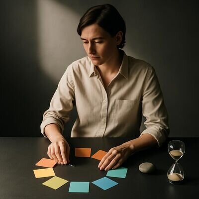 Eine Person ordnet farbige Karten und Symbole, um Lebensbereiche zu reflektieren und Priorit&auml;ten sanft zu justieren.