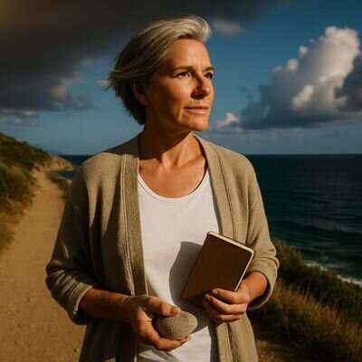 Eine Person schaut am hellen Strand nach vorn, ruhig und gefasst, mit Symbolen f&uuml;r Selbstfokus und Geduld.