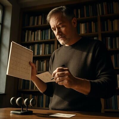 Eine Person reflektiert Monatsziele mit Kalender und dezenten Sternzeichen-Symbolen.