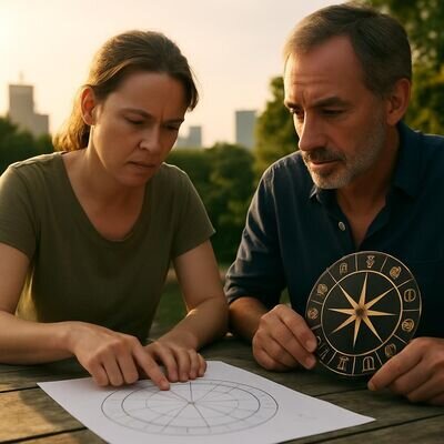 Zwei Menschen betrachten eine Horoskop-Grafik und sprechen &uuml;ber Identit&auml;t und Au&szlig;enwirkung.