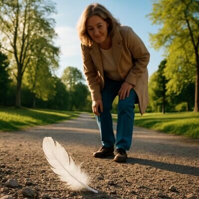 Eine Person entdeckt eine Feder auf einem sonnigen Weg und h&auml;lt kurz inne.