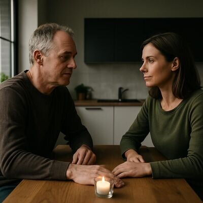 Zwei Personen sprechen ruhig und respektvoll, eine Kerze als neutrales Symbol auf dem Tisch.