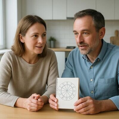 Zwei Menschen sitzen einander gegen&uuml;ber und sprechen ruhig, als w&uuml;rden sie unterschiedliche Bed&uuml;rfnisse kl&auml;ren.