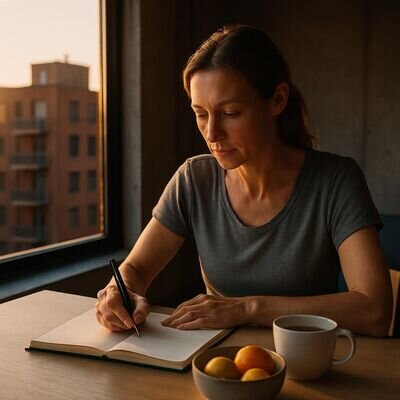 Eine Person schreibt in einem Notizbuch an einem lichtdurchfluteten Tisch, warme Morgenstimmung und ruhige Alltagsatmosph&auml;re.