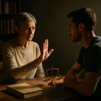 Eine Person h&auml;lt eine Handfl&auml;che als Stop-Geste, daneben ein respektvoller Gegen&uuml;berblick, symbolisiert Grenzen in Beratung.
