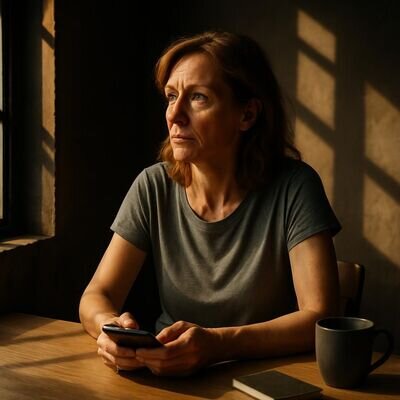 Eine Person h&auml;lt ihr Handy ruhig in der Hand und atmet bewusst, w&auml;hrend warmes Licht durch ein Fenster f&auml;llt.