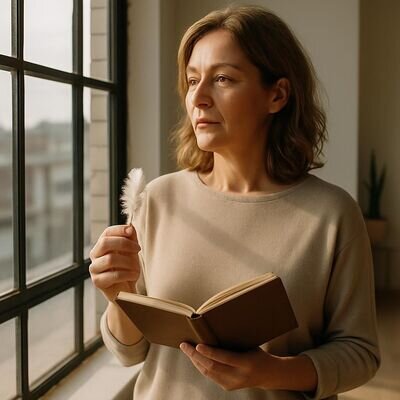 Eine erwachsene Person nimmt sich einen ruhigen Moment, um Engelthemen als Symbol fuer Hoffnung einzuordnen.