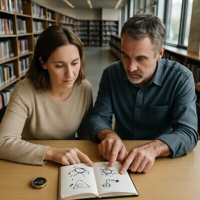 Zwei Menschen reflektieren ruhig und pr&uuml;fen eine Deutung realistisch anhand von Notizen.