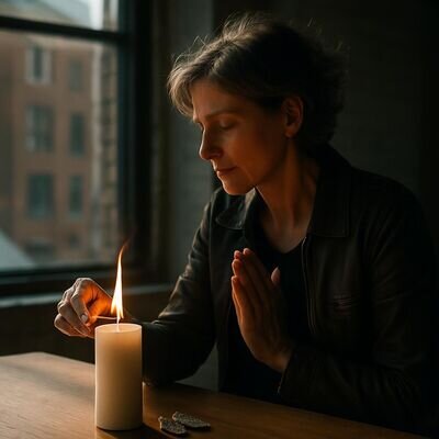 Eine Person sitzt in einem freundlichen, hellen Raum am Fenster und haelt die Haende nahe an eine Kerze, ruhige Engel-Symbolik im Stillleben.