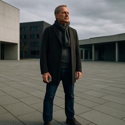 Eine Person stabilisiert sich durch Koerperwahrnehmung und einen klaren Stand in einem urbanen Umfeld.