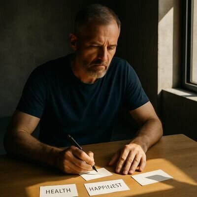 Eine Person schreibt ruhig Schl&uuml;sselworte auf Papier, um Priorit&auml;ten zu kl&auml;ren.