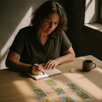 Eine Person betrachtet Tarotkarten auf einem Tisch und notiert Gedanken, ruhige Atmosphaere.
