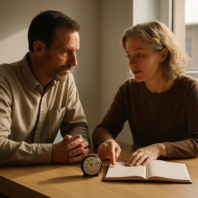 Zwei Menschen besprechen ruhig den Rahmen einer Wahrsage-Beratung mit Notizbuch und Uhr als Symbol f&uuml;r Zeit und Kosten.