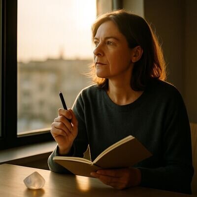 Eine Person sitzt nachdenklich am hellen Fenster, Notizbuch in der Hand, ruhige Stimmung als Symbol f&uuml;r Selbstreflexion.
