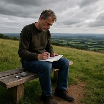 Eine Person sitzt mit Notizbuch auf einer Bank in einer gr&uuml;nen Landschaft und schreibt, frische Tagesluft und weite Perspektive.